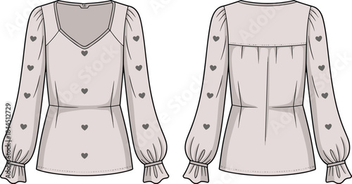 Women's Blouse with Heart Pattern and Puffed Sleeves Keywords: women's blouse, top, apparel, clothing, fashion, design, template