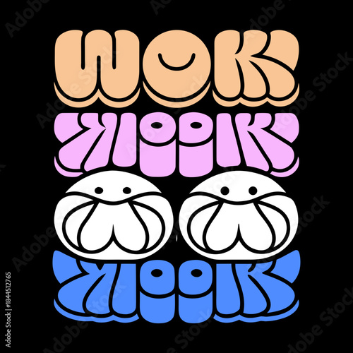 Smiling cartoon wok and dumplings with text food illustration