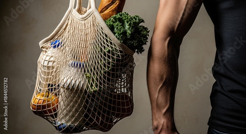 Person Holding Eco-Friendly Net Bag Filled with Fresh Groceries and Organic Produce