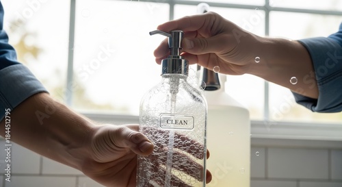 Hands Holding Clear Soap Dispenser with Water Bubbles and Window Light in Background