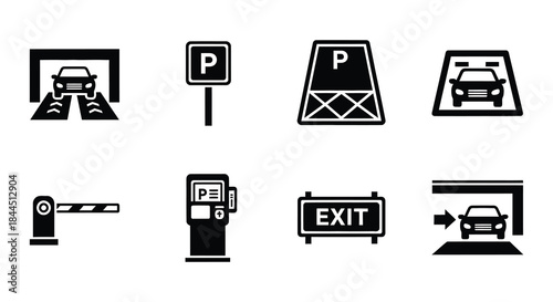 Collection of black and white parking exit and payment icons
