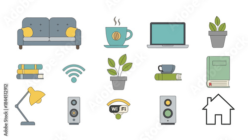 A collection of flat design icons representing home comfort and technology elements