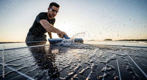 Man Cleaning Solar Panels with Water to Maintain Efficiency and Energy Production