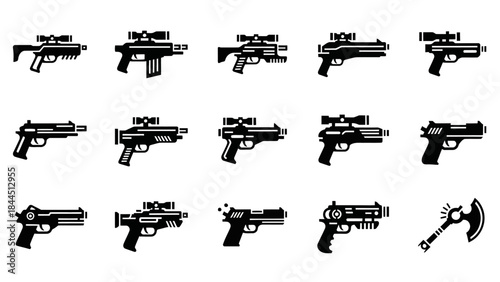 A collection of futuristic weapon icons including firearms and an axe for gaming or sci-fi concepts