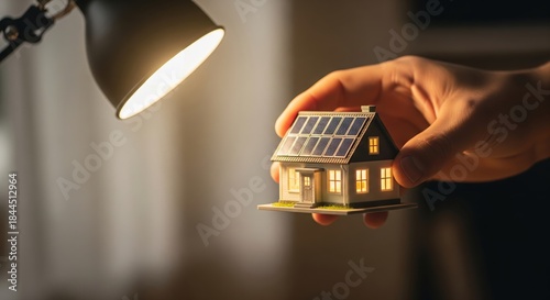 Hand Holding Model House with Solar Panels Under Warm Lamp Light in Cozy Indoor Setting