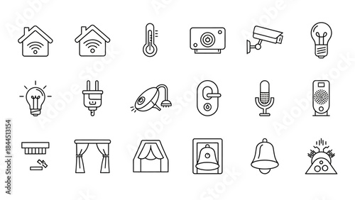 A collection of minimalist line art icons representing smart home technology and devices