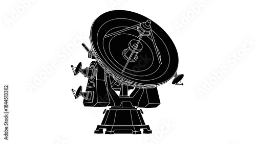 A detailed wireframe illustration of a large satellite dish antenna on a white background