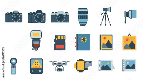 A Flat Design Icon Collection Representing Photography Gear and Accessories