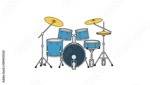 A minimalist blue drum set with yellow cymbals on a white background