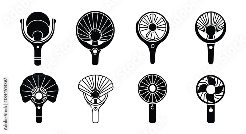 Collection of vintage hand fans in various styles and designs monochrome