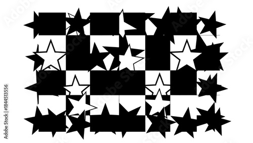 Abstract black and white checkered pattern with scattered stars
