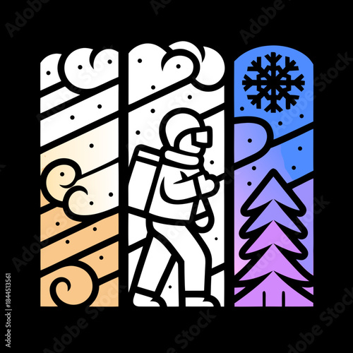 Stylized person with snowboard in snowstorm snowboarder