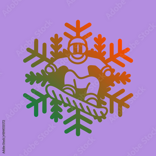 Stylized snowboarder in geometric snowflake shape snowboarding