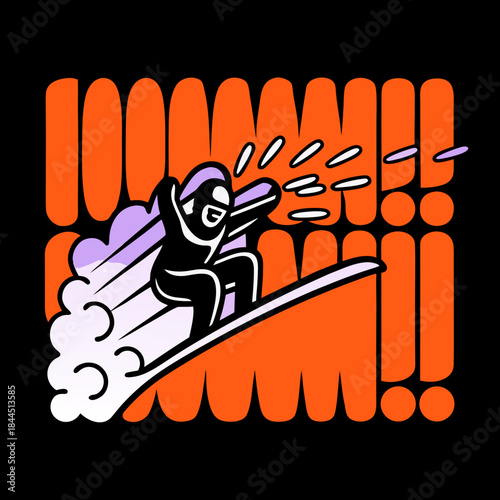 Stylized snowboarder spraying snow with orange exclamation marks
