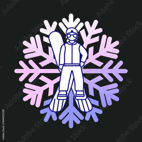 Stylized snowboarder with snowflake background winter