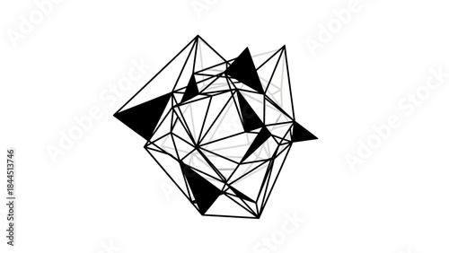 Abstract geometric wireframe crystal structure with black shaded polygons on a white background