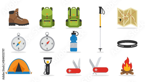 Adventure and outdoor activities equipment flat icons set minimal design for travel and camping