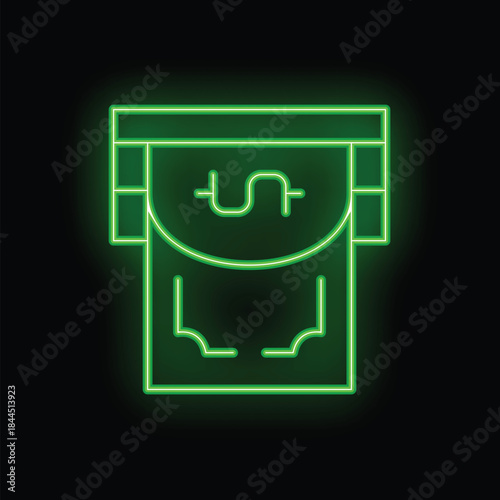 Green neon sign depicting an atm dispensing cash on a black background