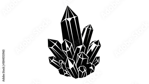 A cluster of sharp black crystals on a white background graphic