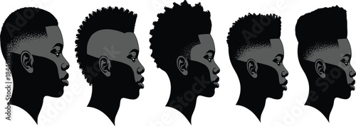 Black Male Profile Silhouettes with Modern Afro Hairstyles Vector Set for Barber Shop Branding, Haircut Style Guides, and Fashion Design Use