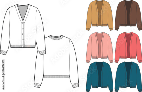 Fashion Flat Sketch of Cardigans and Sweaters in Multiple Colors vector illustration