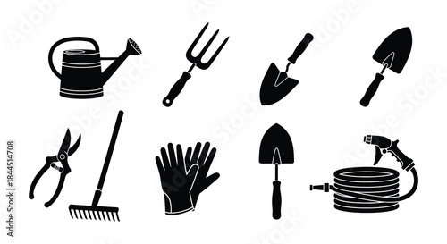 Gardening tools and equipment set in black and white silhouette style