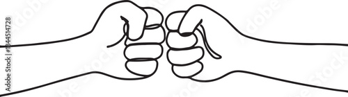 Fist bumping banner hand drawn with single line. Team work, cooperation, friends concept