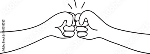 Fist bumping banner hand drawn with single line. Team work, cooperation, friends concept