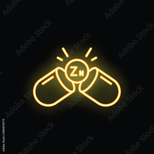 Glowing neon icon of two open capsules releasing zinc element symbol, representing zinc supplements