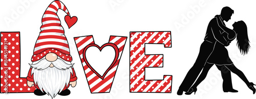 Love typography illustration with cute gnome and romantic dancing couple silhouette, creative vector design for Valentine’s Day, wedding cards and romance themes