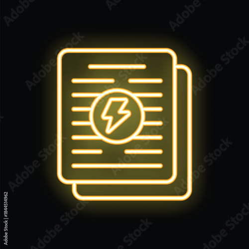Neon icon of electricity bill glowing yellow against a black background