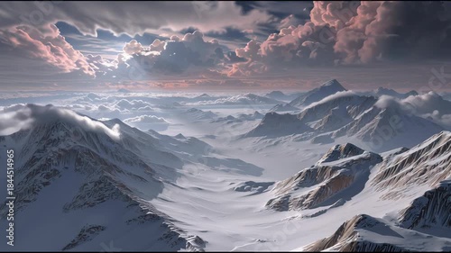 Majestic sunrise over snowcapped mountains with dramatic cloudscape in high resolution timelapse