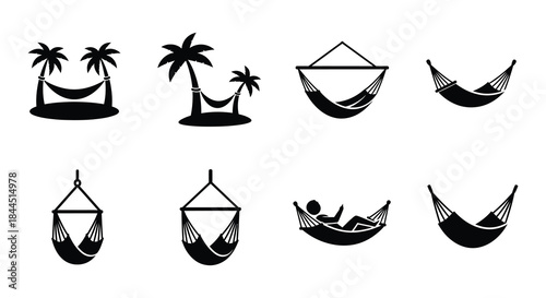 Black and white illustrations of hammocks and palm trees on islands