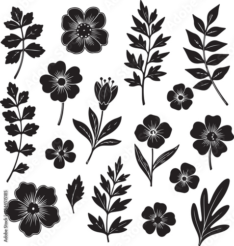 Elegant collection of silhouette flowers and botanical leaves for timeless design elements