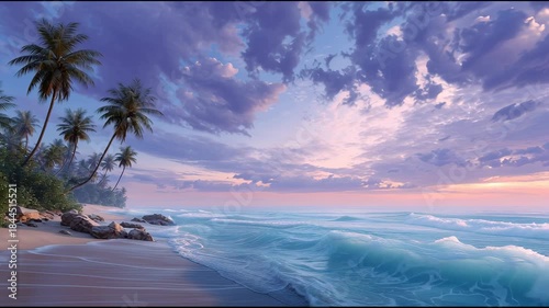 Tropical sunset waves gently wash over paradise beach under vibrant sky