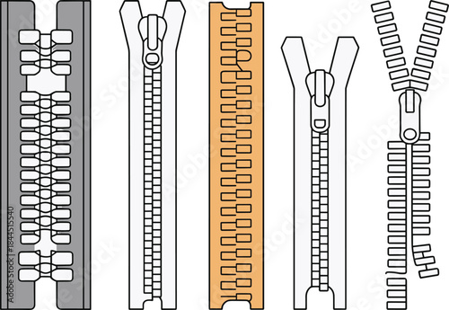 Five different zipper types and styles in a row fastener closure