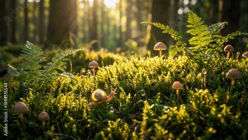 Sunlight illuminates forest floor moss with small mushrooms and a snail crawling on dew covered plants