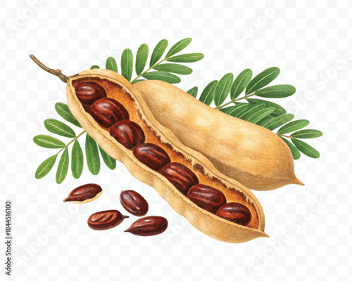 two ripe tamarind pods with one opened revealing seeds and pulp green leaves in different style isolated on transparent background