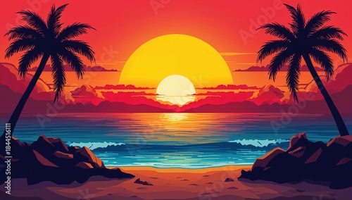 Fototapeta Naklejka Na Ścianę i Meble -  Tropical beach sunset illustration featuring vivid colors, palm silhouettes, and serene ocean vibes.