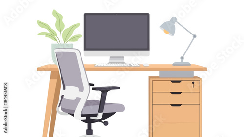 Modern workspace with computer, office chair, and lamp in minimalist style