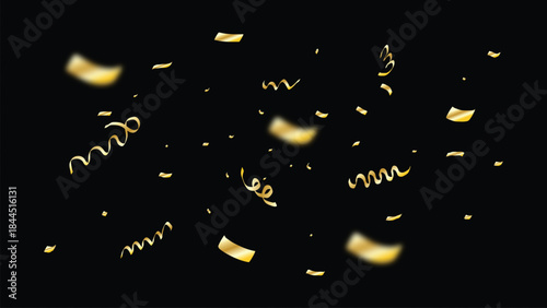 Golden confetti pieces falling on black background, celebration decoration