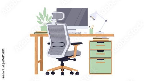Modern home office setup with ergonomic chair and desk accessories