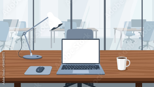 Minimalist office workspace with laptop, desk lamp, and coffee mug in modern open space