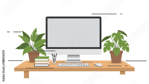 Modern minimalist workspace with desk plants and computer