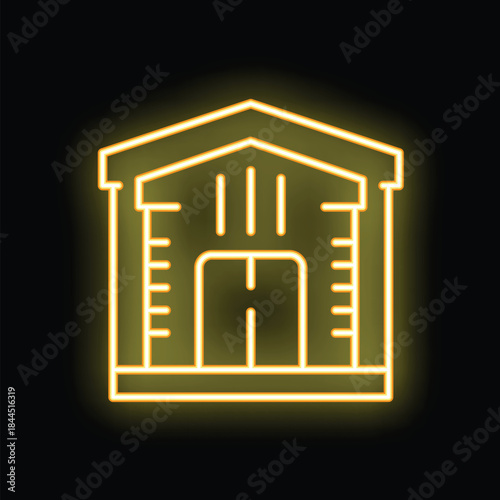 Glowing neon sign depicting a warehouse building with a large entrance, potentially signifying industry, logistics, or storage