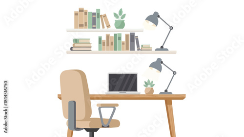 Modern home office workspace with books and greenery on shelves