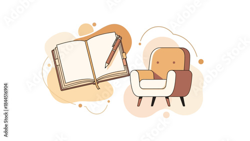 Cozy reading nook with open book and modern armchair in minimalist style