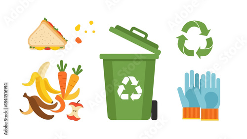 Zero waste concept with recycling bin, compostable foods, and gardening gloves