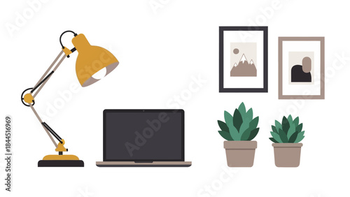 Modern workspace with laptop, desk lamp, and plant decor in minimalist style