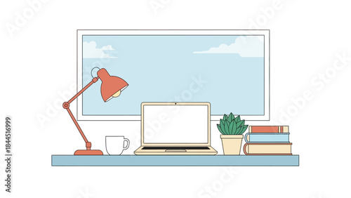 Minimalist workspace with laptop and desk lamp in cozy home office setting